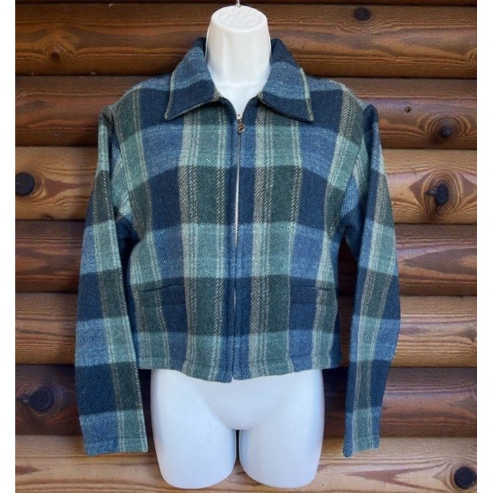 VTG 90s County Seat Wool Blend Plaid Cropped Zip Small Blue Teal Gray Jacket NWT